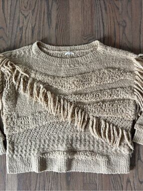 Tularosa Adrian Fringe Distressed Knit Sweater in Camel, Size Medium